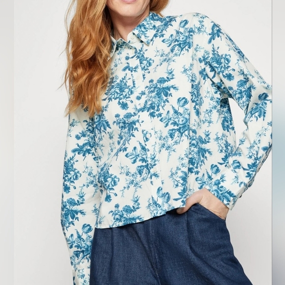 Gap × LoveShackFancy Cotton Cropped Shirt Blue Floral Long Sleeves Size Small - Picture 1 of 15
